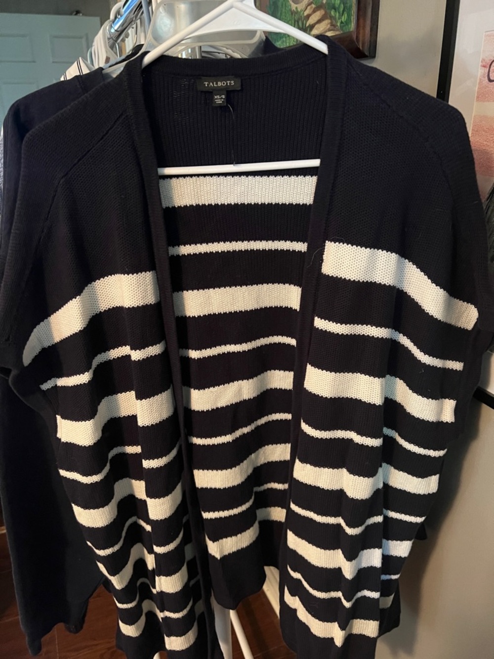 Talbots Black and White Striped Open-Front Cardigan vest